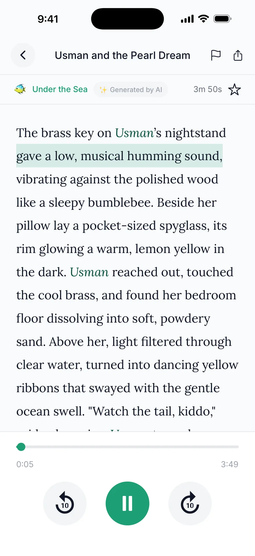 The Dreamwhisp reader playing a story called Usman and the Pearl Dream. The child's name, Usman, is highlighted in teal, and the line being read aloud is shaded.