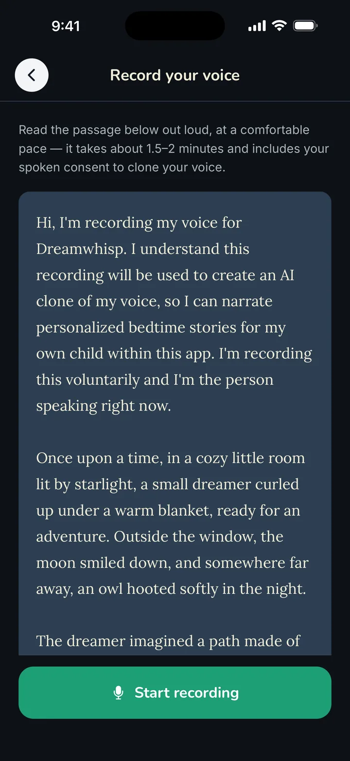 The Record your voice screen, showing the consent passage a parent reads aloud before the clone is made.