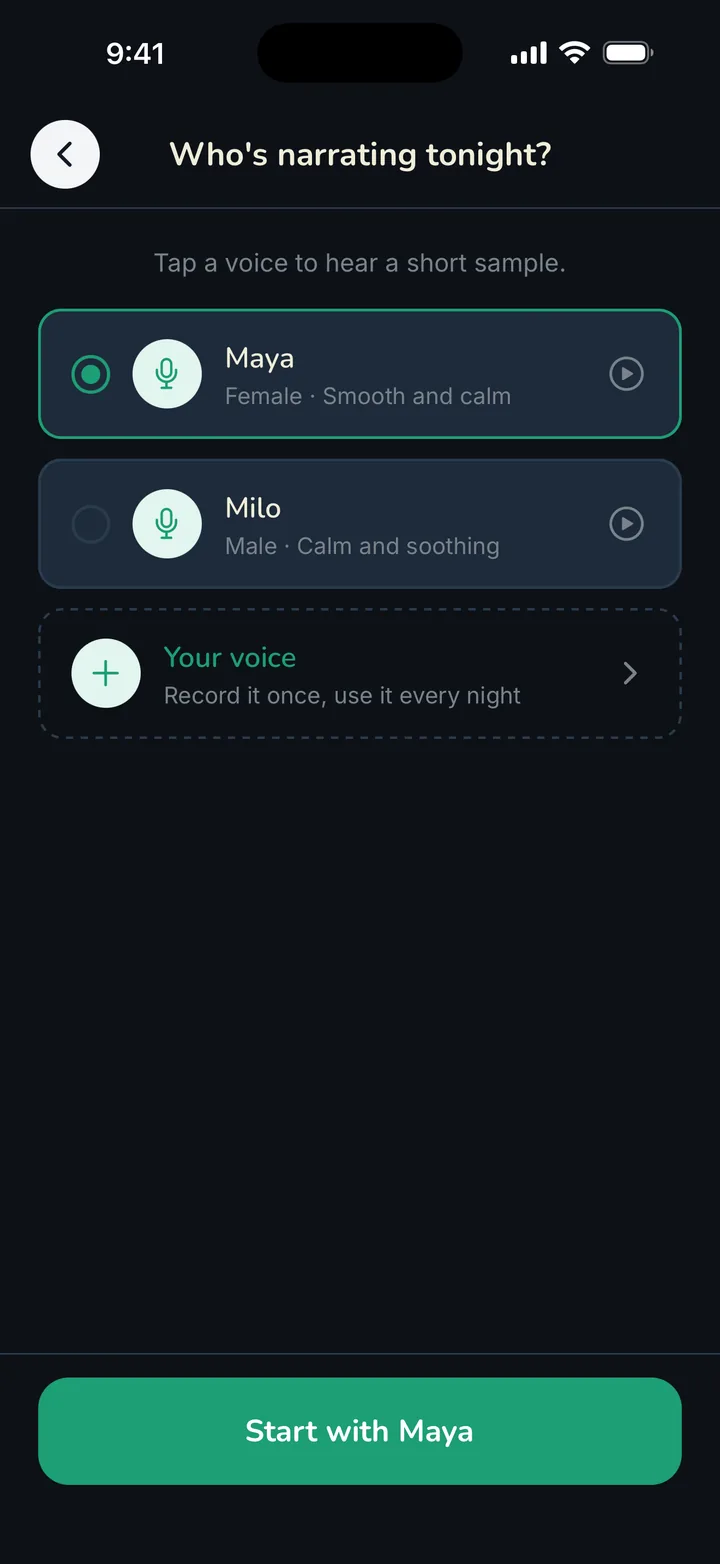 The Who's narrating tonight screen, with Maya, Milo and Your voice to choose from.
